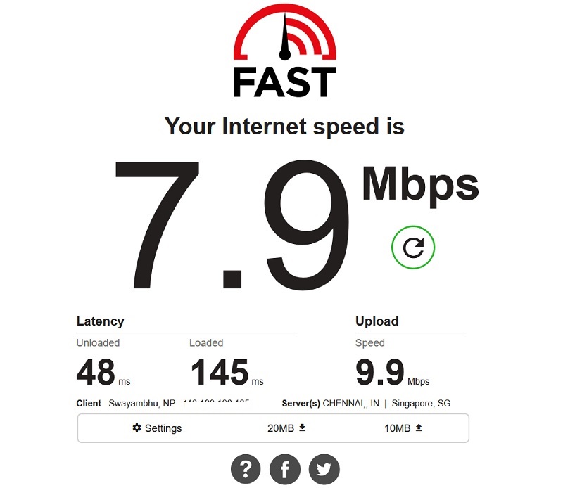 Fast.com speed test result internet