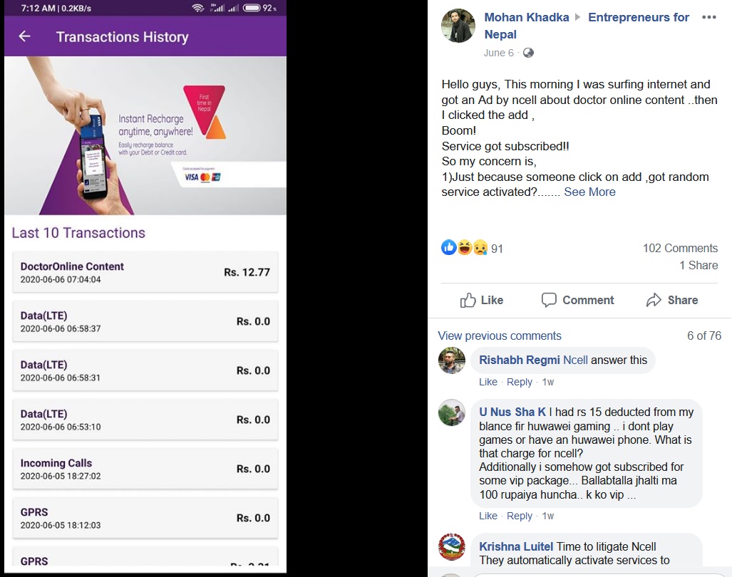 Ncell automatic subscription issue doctor online content balance scam