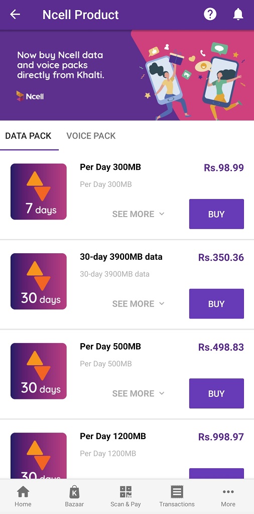 Ncell product in Khalti wallet