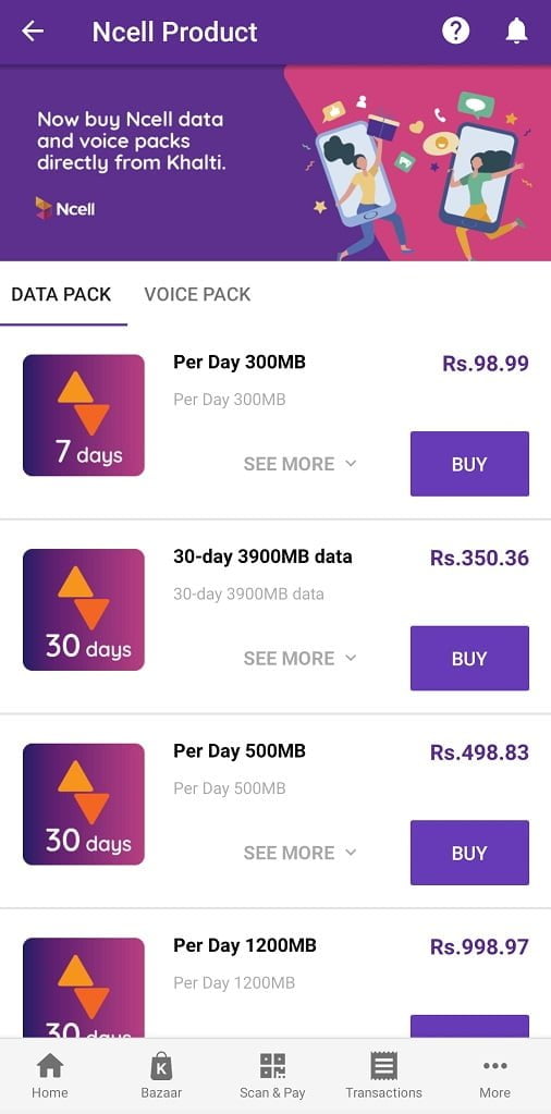 Ncell product in Khalti wallet