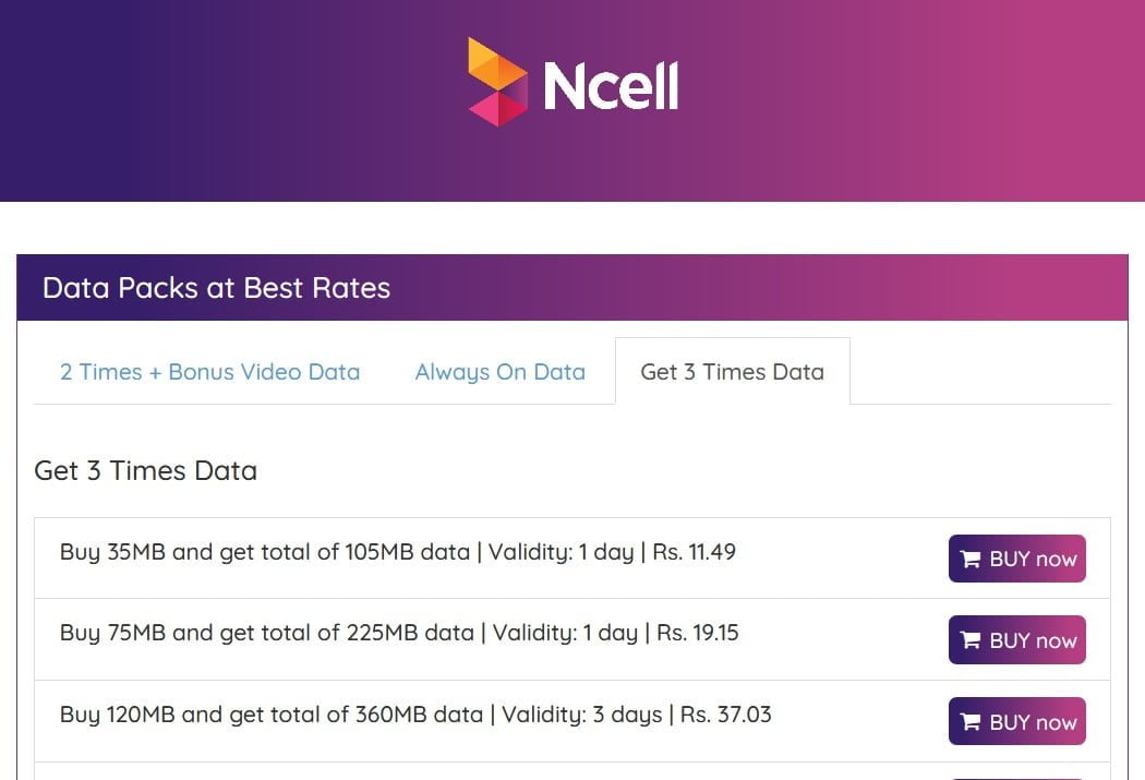 buy data pack Ncell online portal