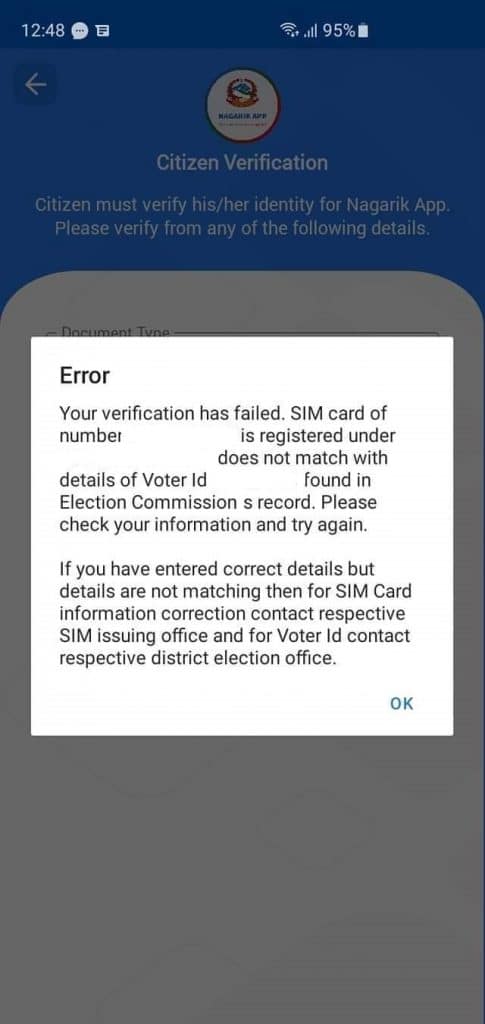 SIM verification issue in Nagarik app.
