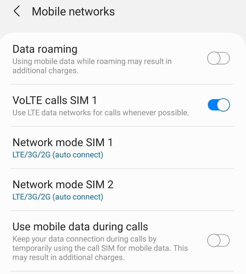 Volte settings smartphone