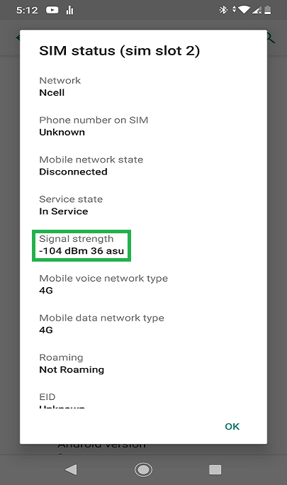 Mobile signal strength dBm