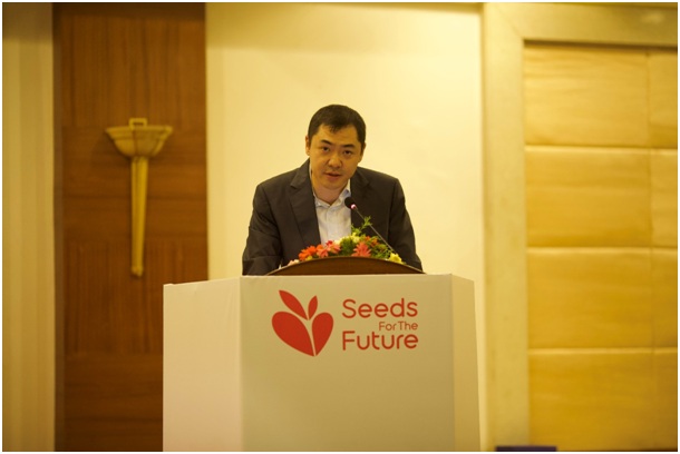 William Zhang CEO of Huawei Nepal speaking at the press meet for the Seeds for the Future Nepal edition