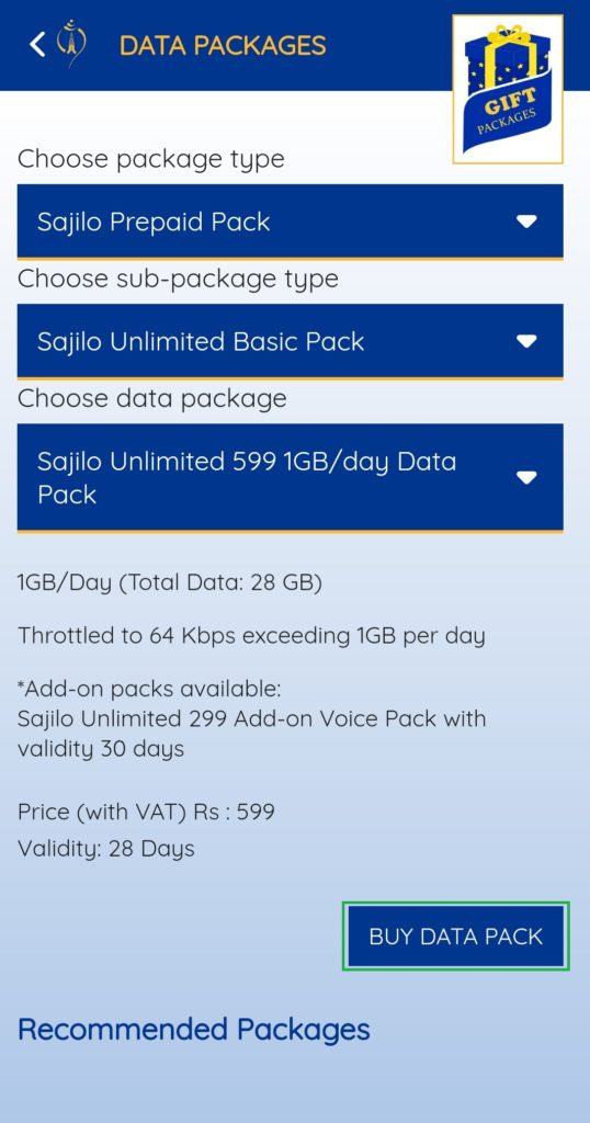 Buy data pack via telecom company app