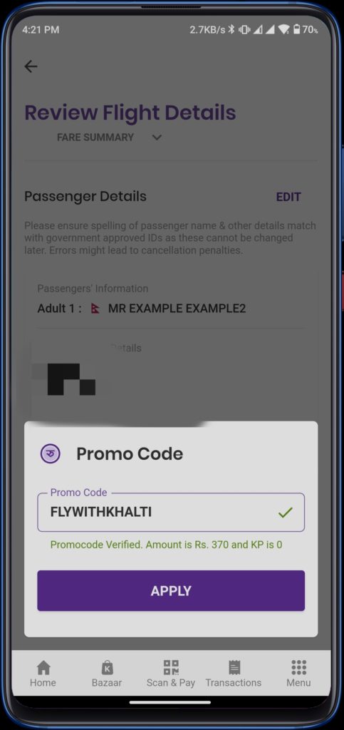 Khalti Wallet Promo Code on Flights