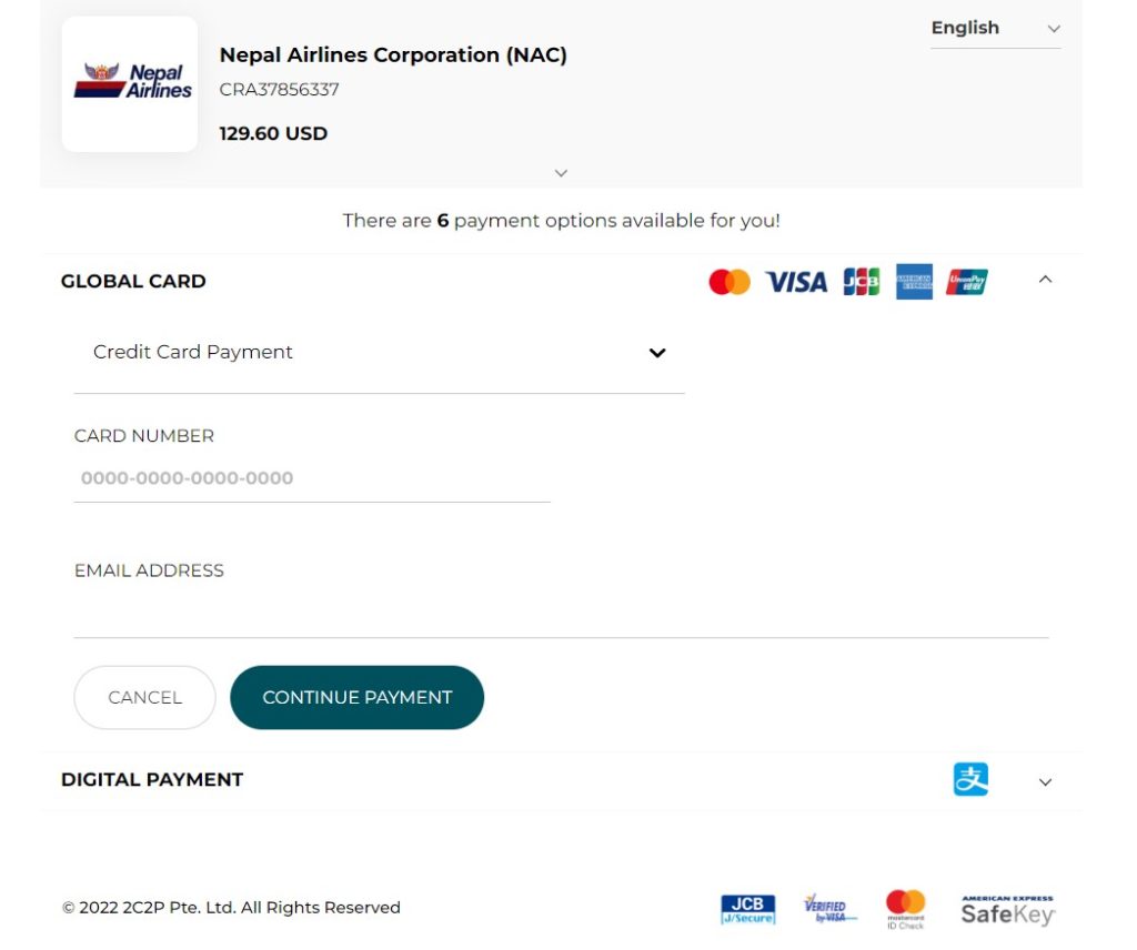 Payment Option on International Flight Ticket Booking of Nepal Airlines