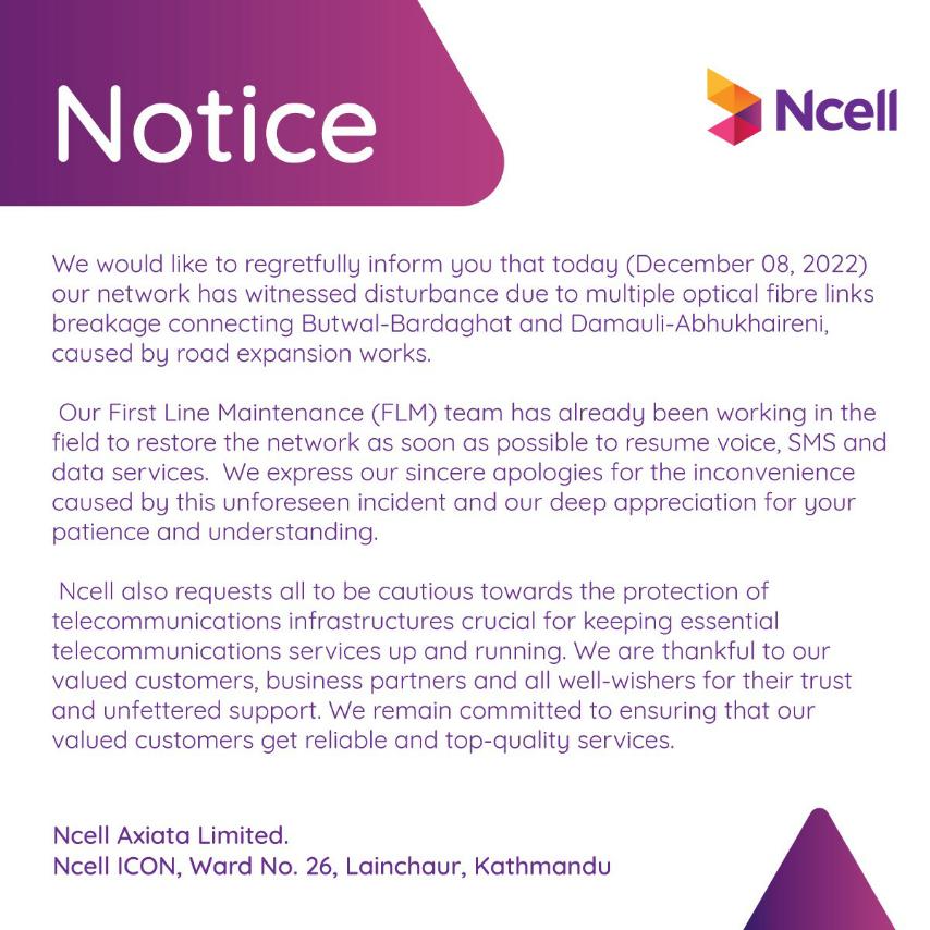 Ncell statement after network outage