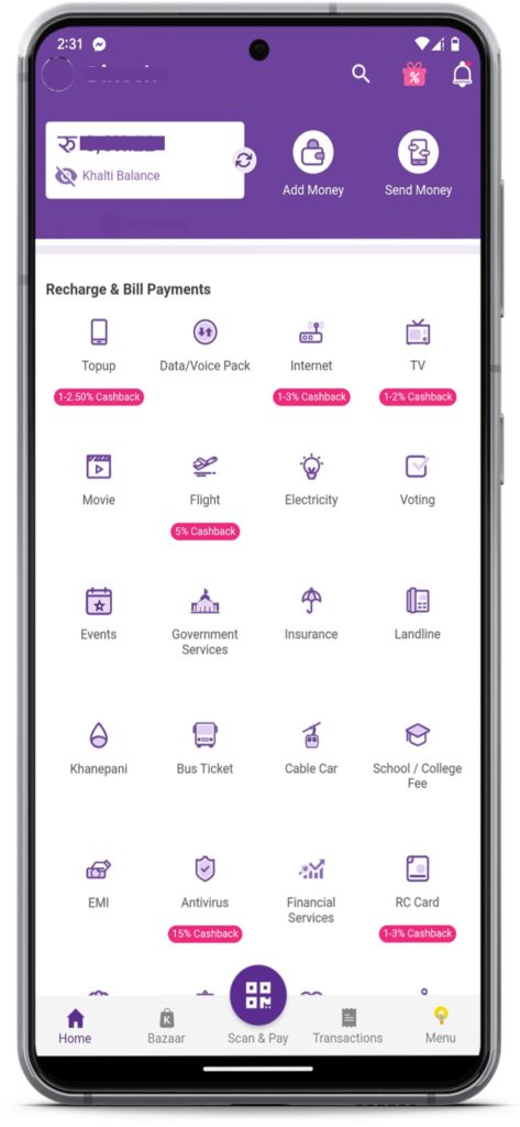 Khalti app home screen