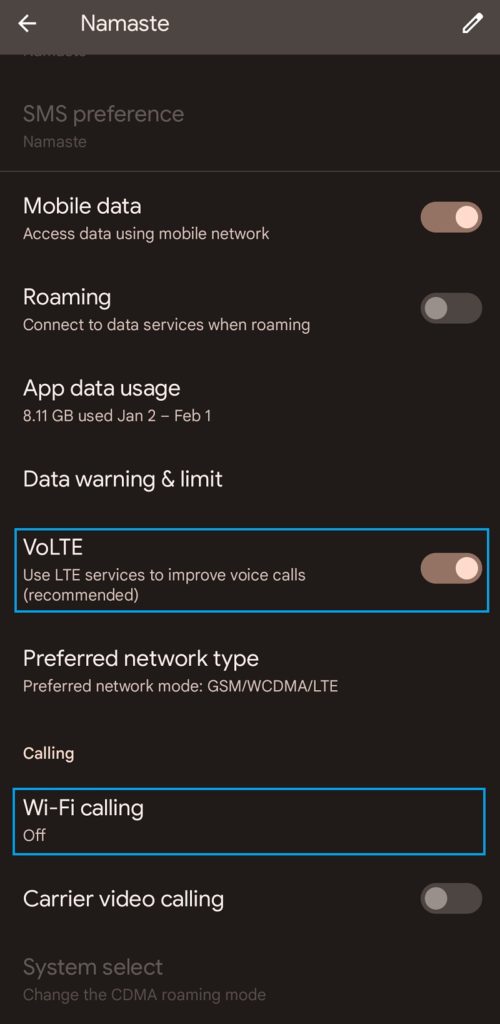 VoLTE and VoWiFi activation on Android pixel smartphone