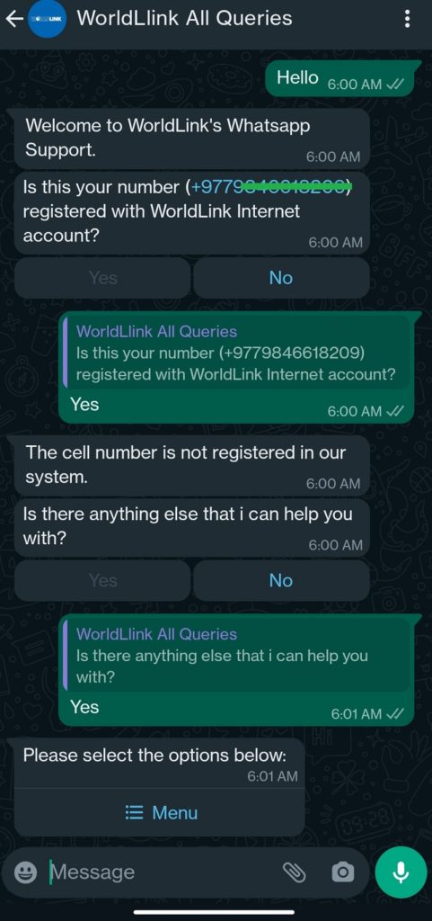 worldlink chatbot whatsapp