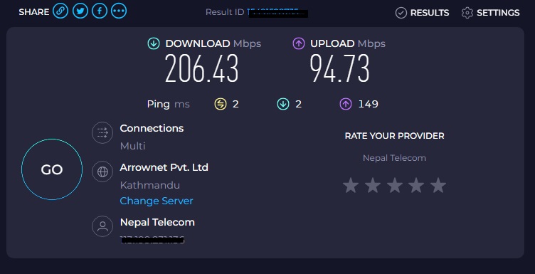 Speed test result Ookla Nepal Telecom fiber