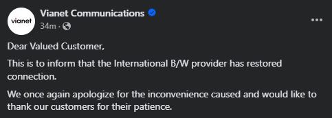 Vianet notice internet restoration after long shutdown