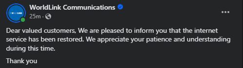 WorldLink internet restored after long shutdown