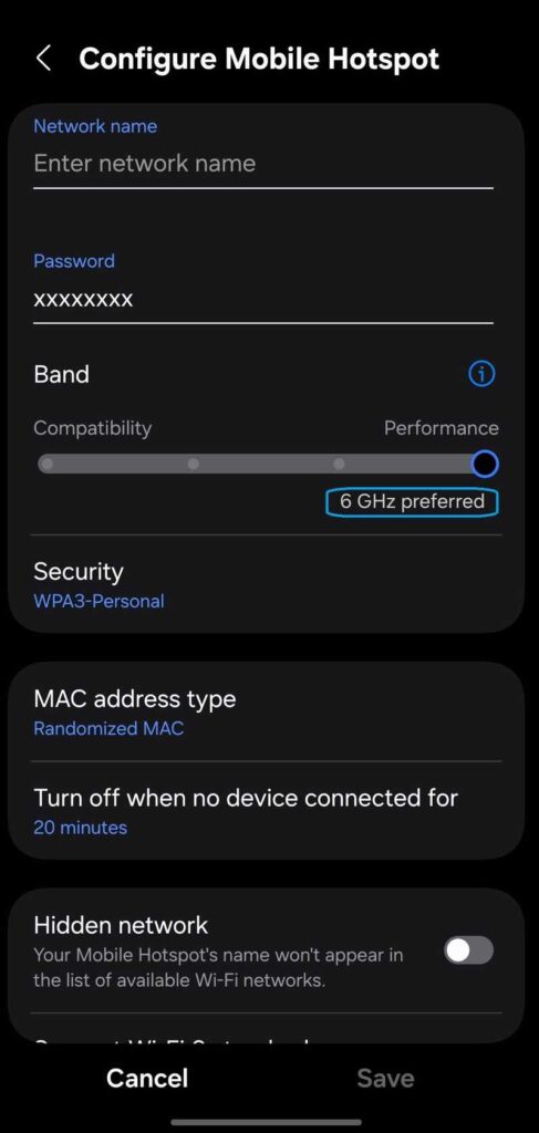 Currently, Android only supports 6 GHz band hotspot sharing on compatible phones